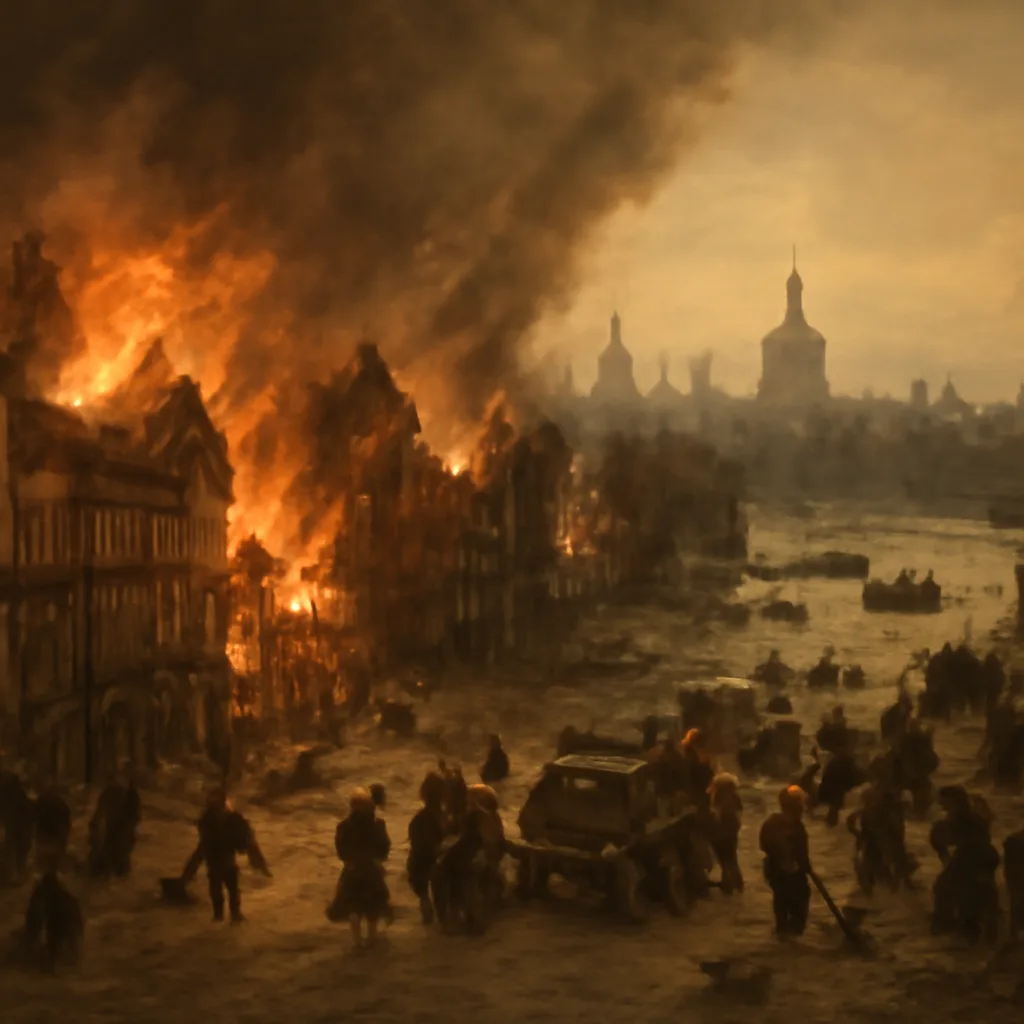 A wide view of 17th-century London with smoke and flames among timber buildings along narrow streets, boats on the Thames, and groups of people and carts fleeing; no identifiable faces.