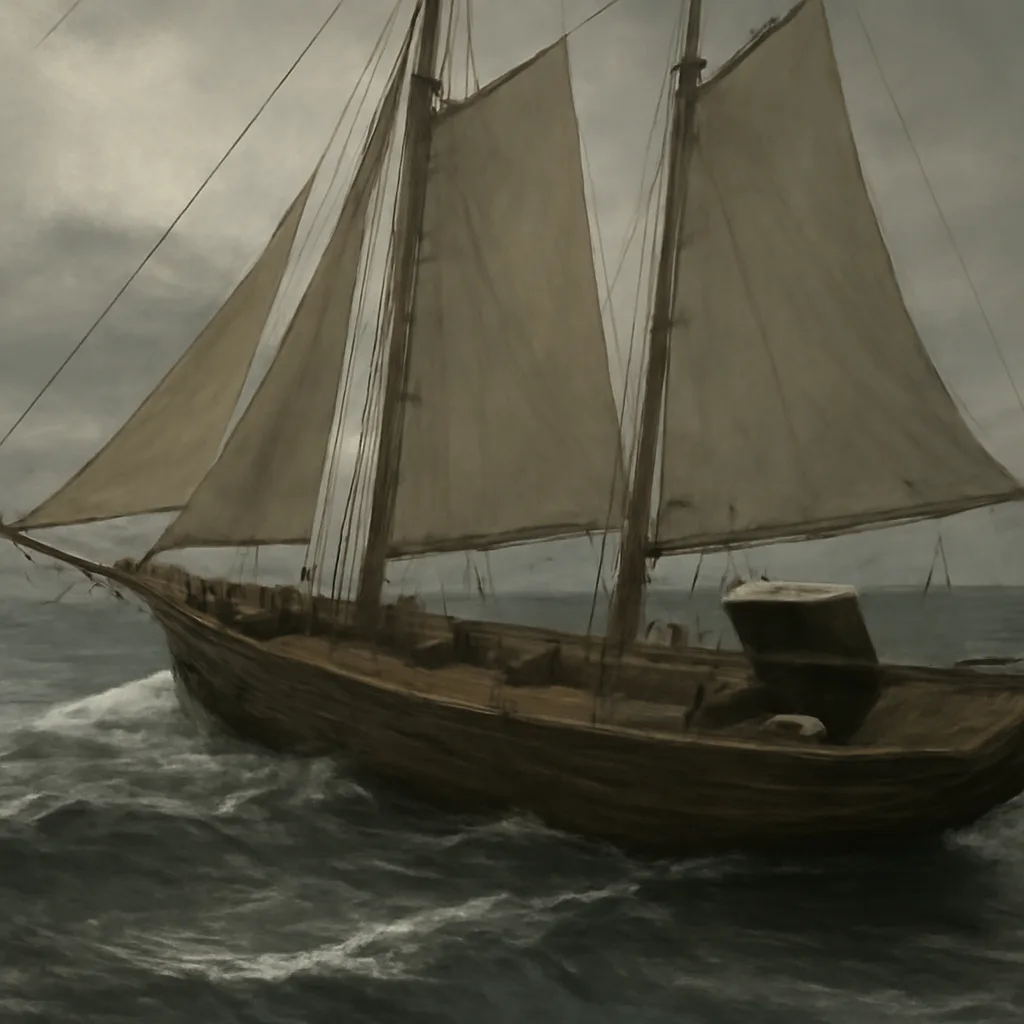 Wooden 19th-century schooner drifting under partial sail on a gray Atlantic sea, decks visible with overturned plates and a table in the cabin seen through an open hatch