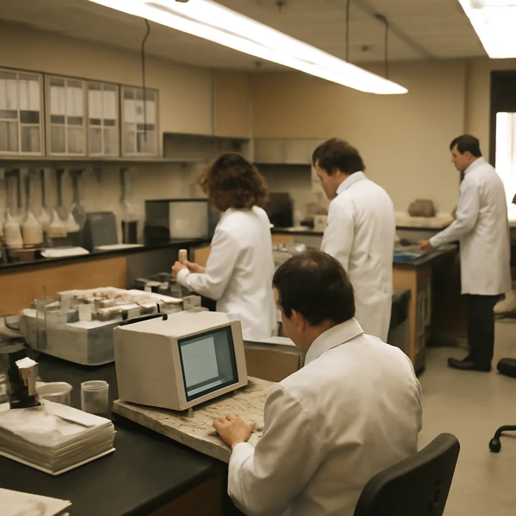 A 1980s laboratory scene with researchers in period lab coats working with electrophoresis gels and early sequencing equipment; papers and computer terminals with text-based displays are on benches.