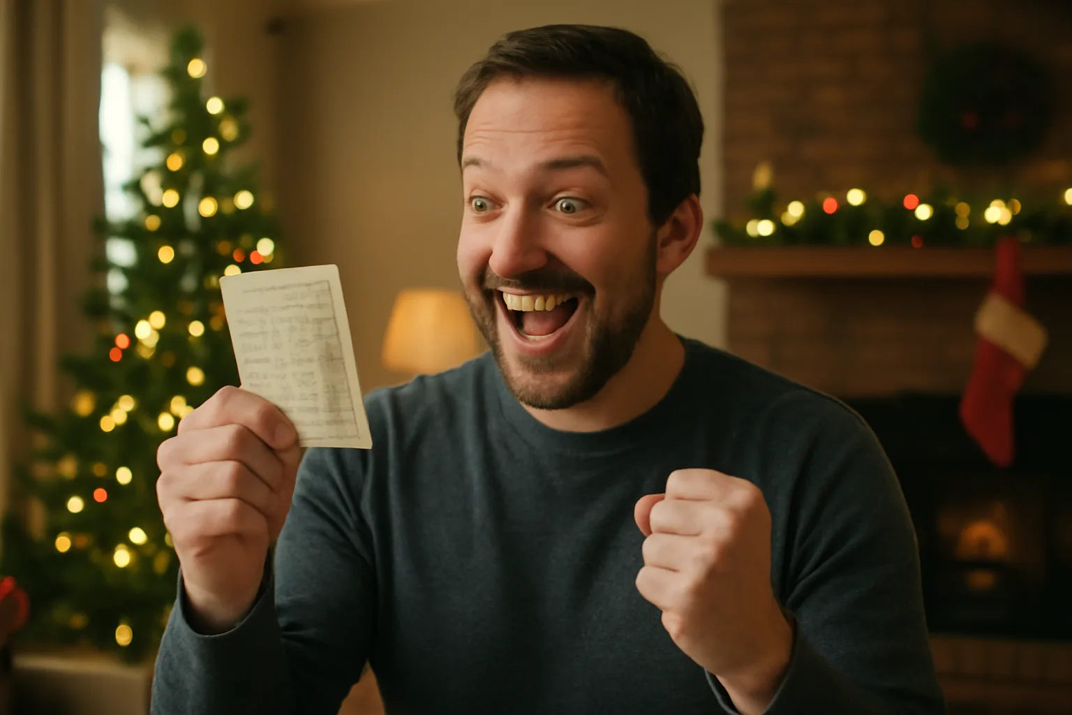 A joyful man holding a scratch-off lottery ticket inside a warmly decorated home with Christmas decorations
