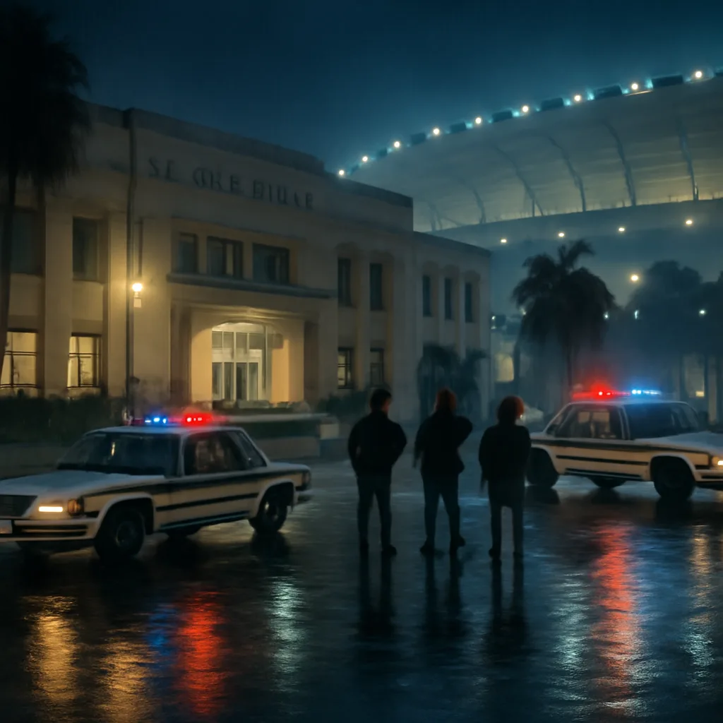 Exterior of a Miami municipal building at night in 1999, police lights reflecting on wet pavement; no identifiable faces.