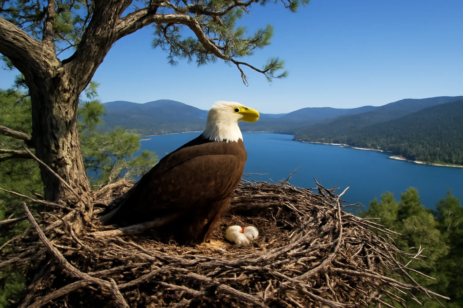 California bald eagle sitting on a large nest with eggs, high in a tree overlooking Big Bear Lake