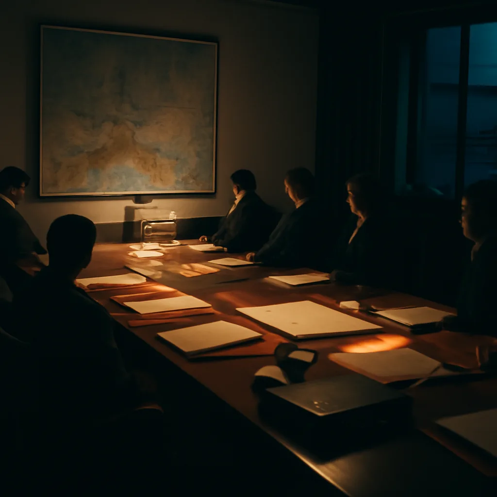 Interior of a government meeting room in the late 1980s, with papers, maps and briefcases on a long table; low-key lighting suggests confidential talks.