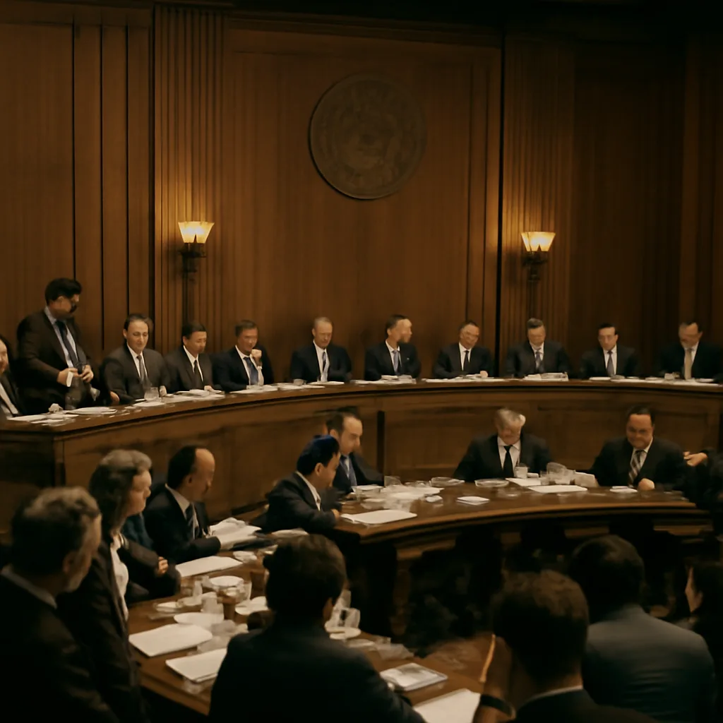 1970s Senate hearing room with senators seated at a long dais, stacks of documents and microphones on the table, and reporters taking notes in the gallery.