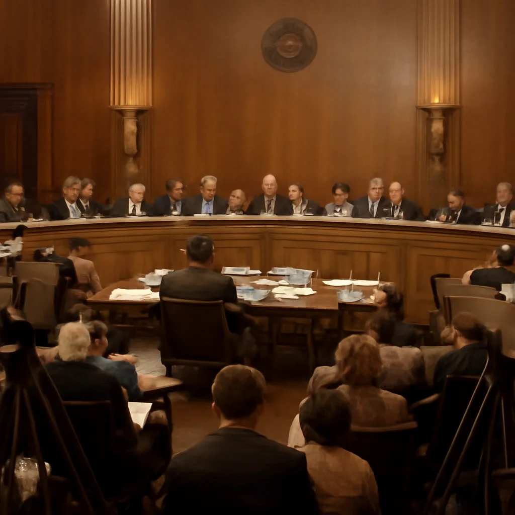 Televised Senate hearing room in 1973 with senators at a long semicircular dais, microphones and stacks of documents on a table, and reporters’ notebooks and cameras in the foreground; no identifiable faces.