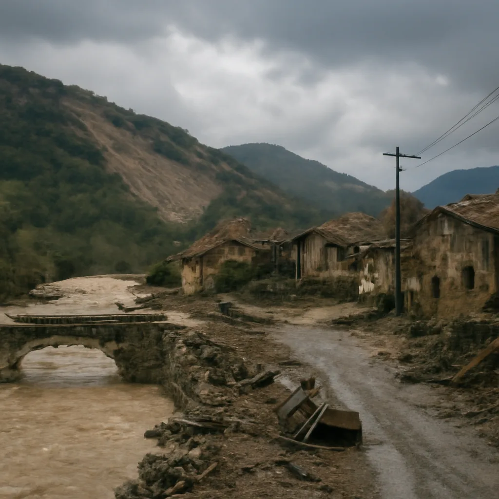 Flooded Italian hillside village and muddy river channel after heavy September 1966 rains; collapsed stone wall and scattered debris with damaged rural buildings and blocked roadway.
