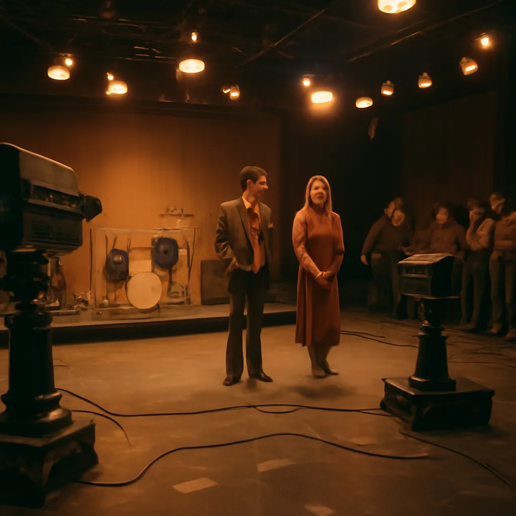 A late-1970s television studio set with a small band setup, studio cameras and presenters; gritty studio lighting and a small live-audience area reflecting 1970s British TV production.