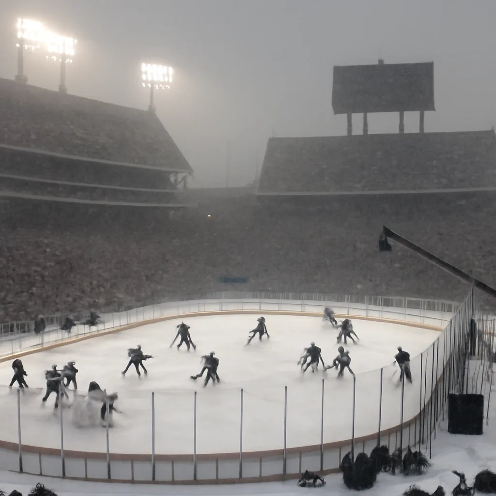 Outdoor ice hockey game at Ralph Wilson Stadium under falling snow, players in action on a rink set up in a football stadium with line workers and stands in the background.