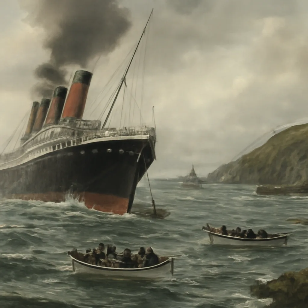 RMS Lusitania listing and sinking off the southern coast of Ireland after a torpedo strike, with lifeboats and rescue vessels in choppy sea; scene dated to 1915.