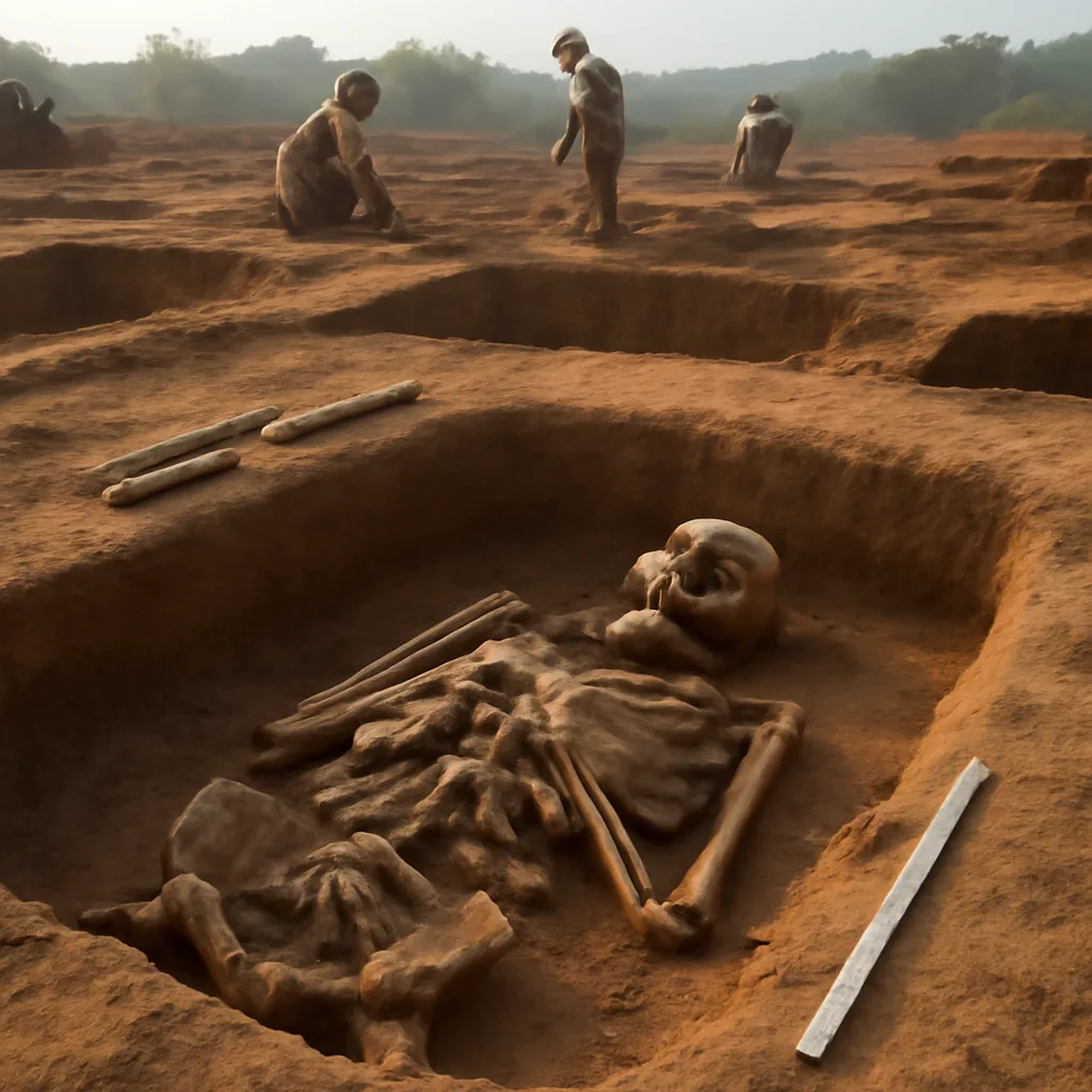 Archaeological trench showing a skeleton in a burial pit with small stone and bone gaming tokens arranged near the hands.