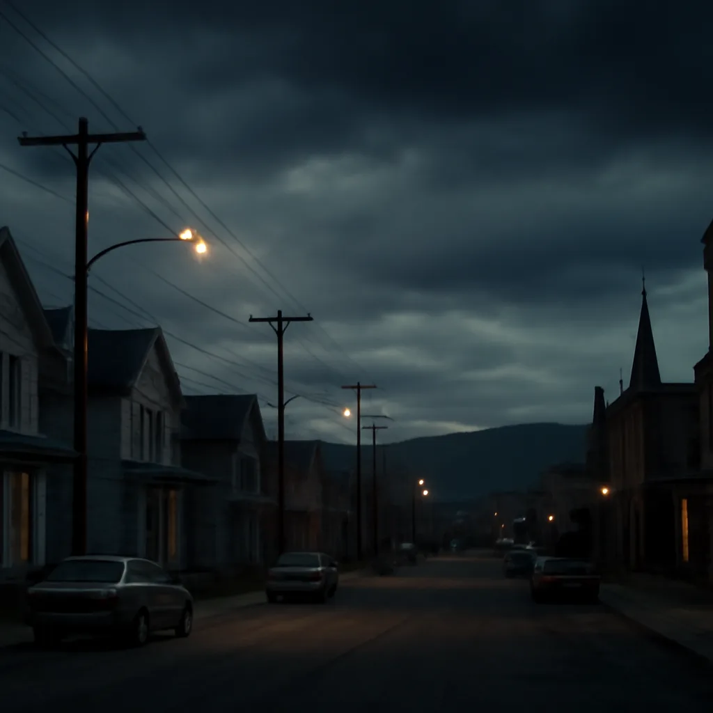 A small town main street at dusk with houses and a municipal building; empty streets, a slightly overcast sky and distant hills—no people visible.