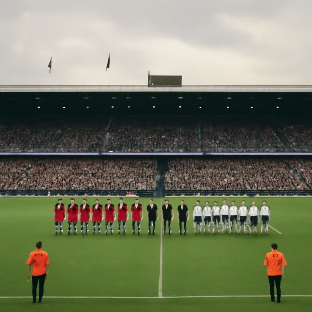 Football teams lined up on the pitch before kick-off with stadium stewards and a PA speaker visible, capturing a paused pre-match ceremony.
