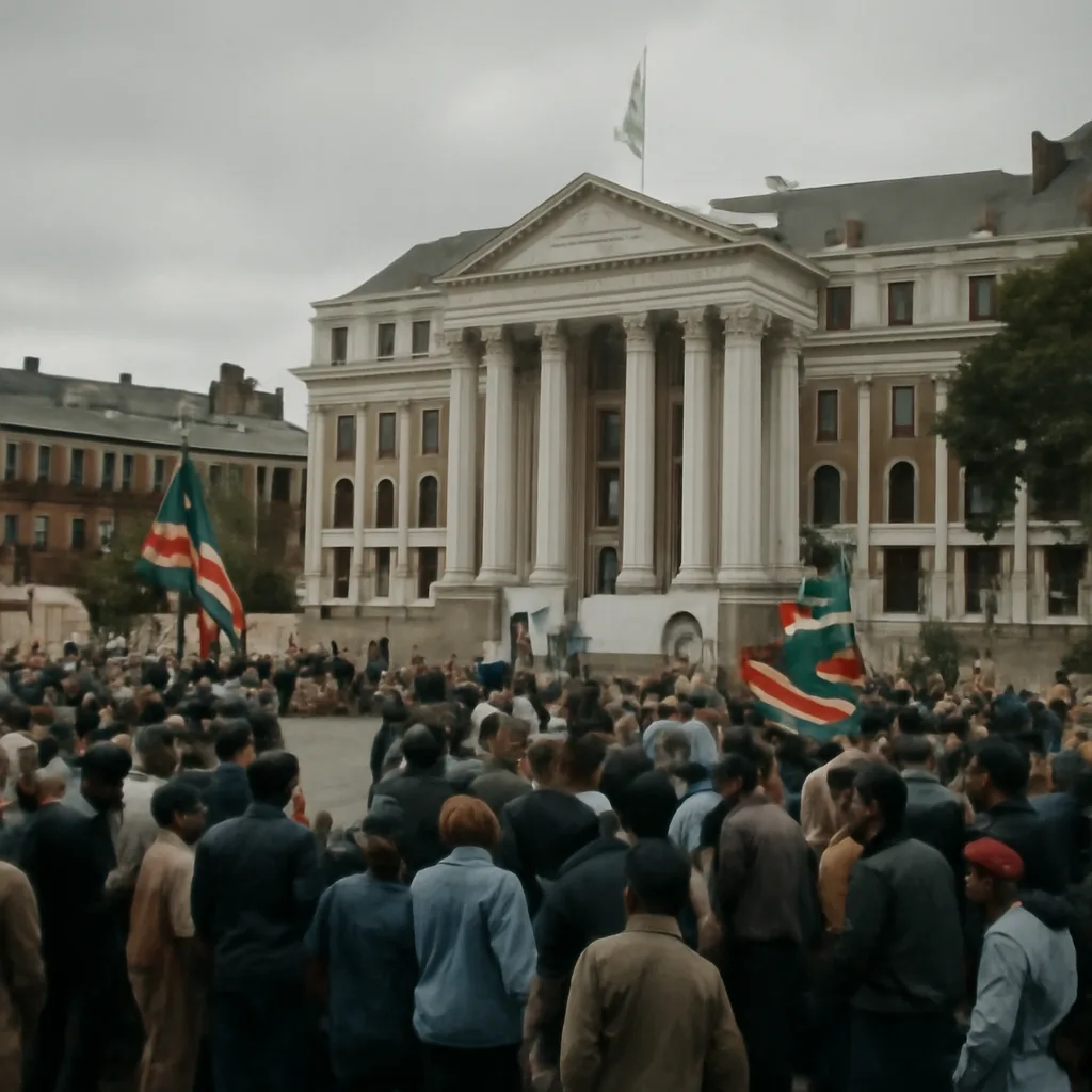 Crowd outside Parliament in Cape Town in the early 1990s with banners and South African flags; police and civic leaders visible, scene of political transition.