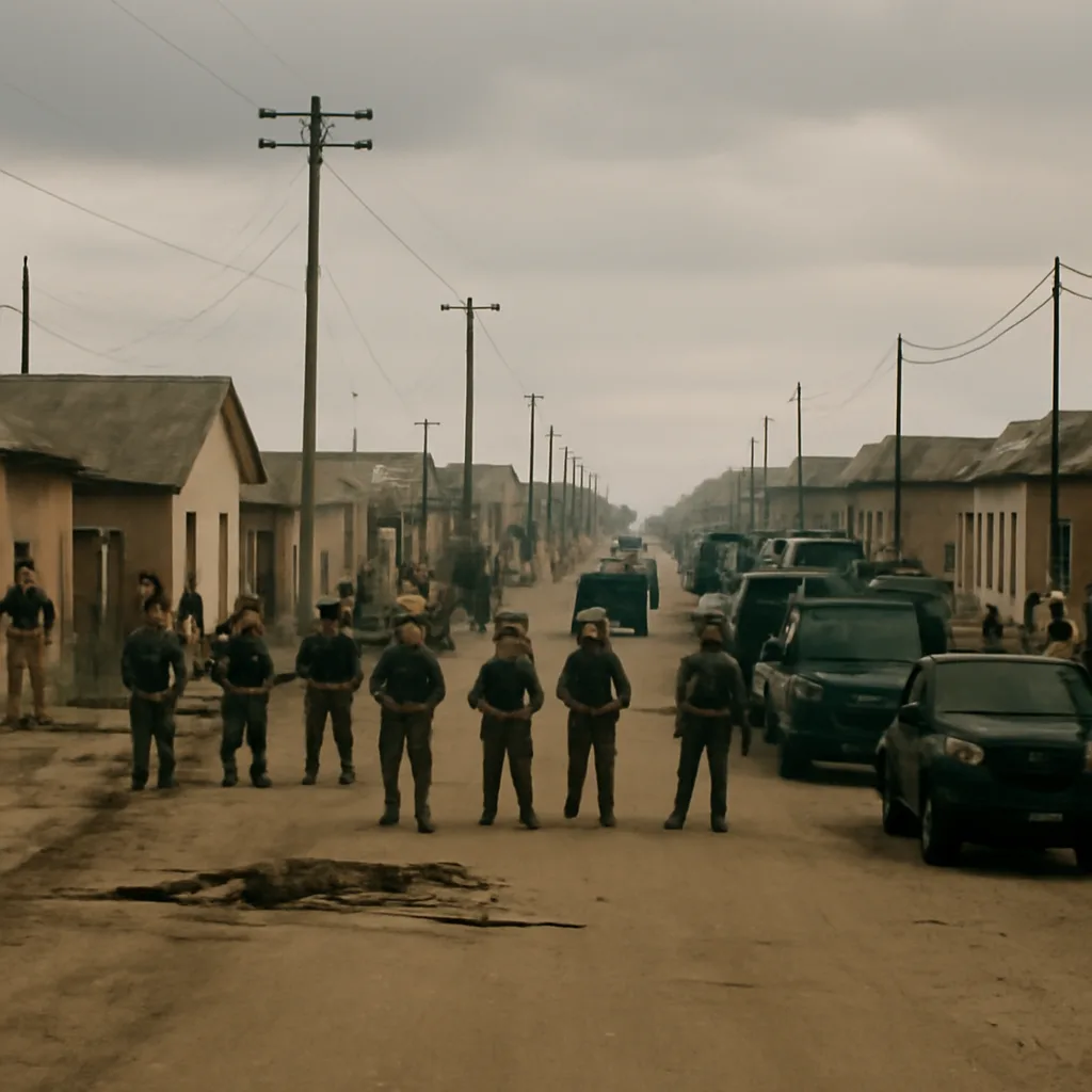 Police and military vehicles on a wide township street during the 1980s state of emergency in South Africa, with barricades and groups of people at a distance under overcast sky.