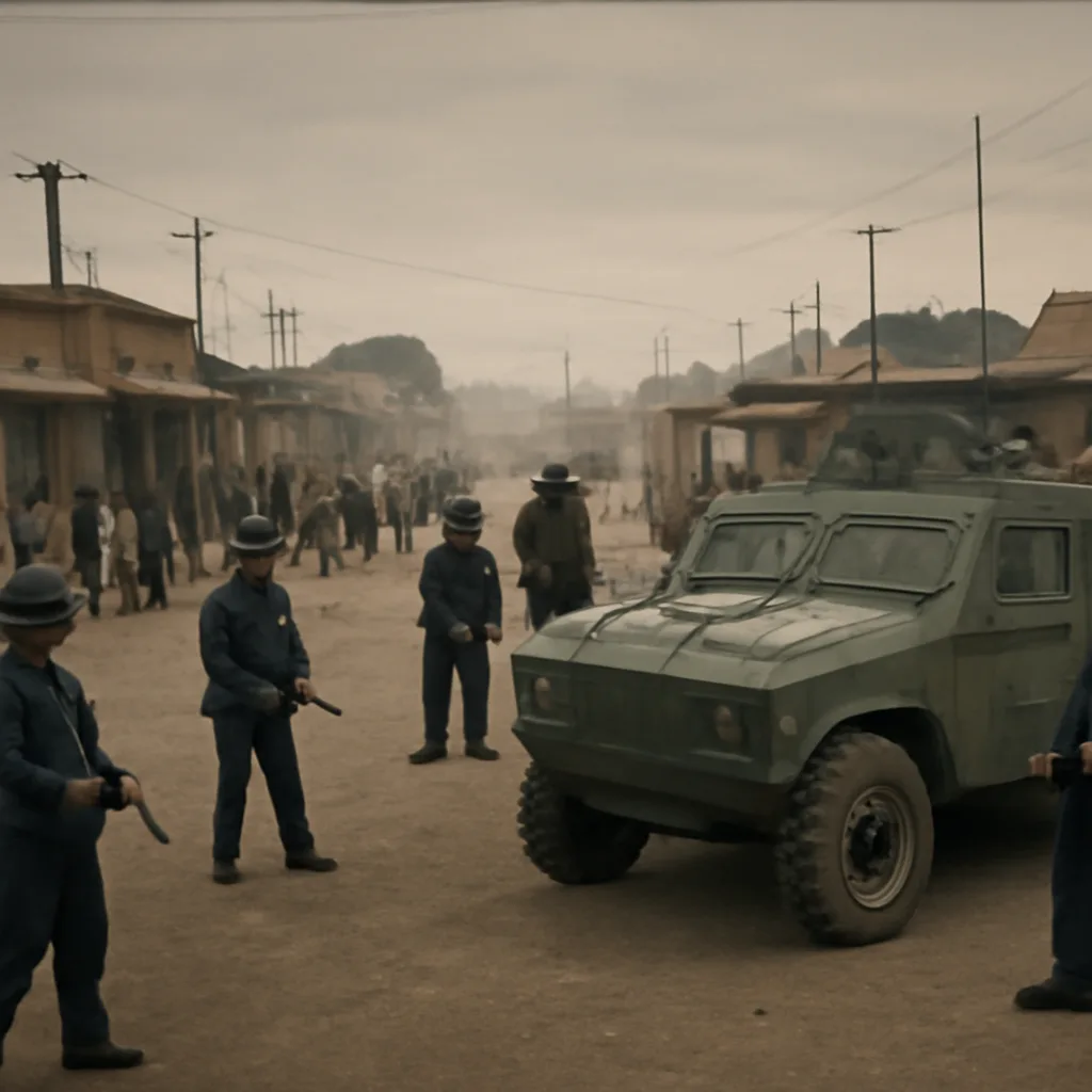 Police armored vehicle and uniformed security personnel blocking an urban street in a South African township in the mid-1980s, with groups of residents and damaged buildings visible in the background.