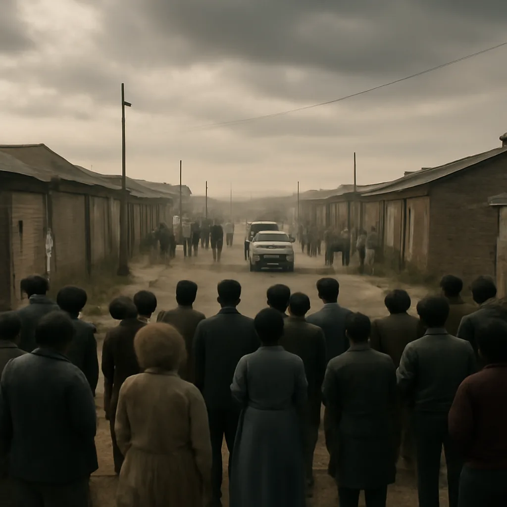 Crowded South African township street in the mid-1980s with protesters and police presence; corrugated houses, posters on walls, and a tense daytime atmosphere.