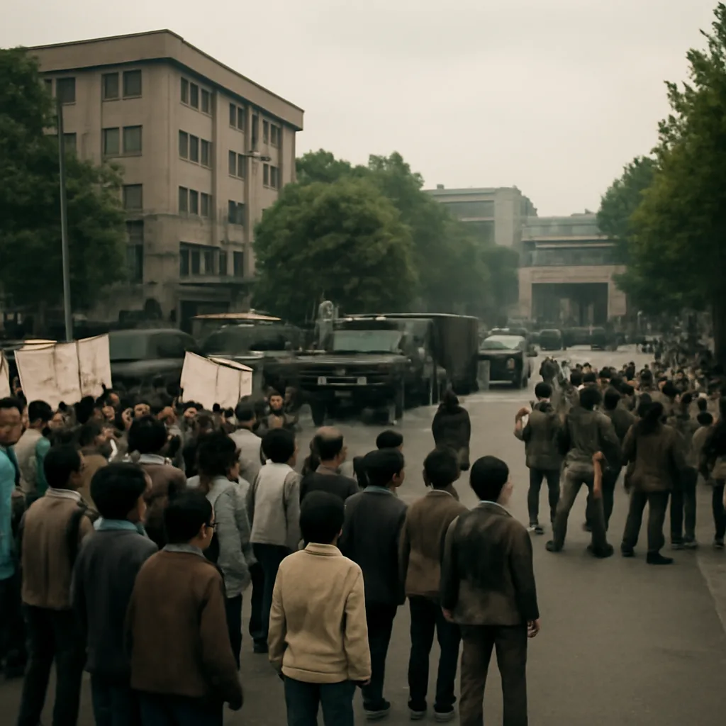Crowds and military vehicles near a university campus in South Korea, May 1980 — students protesting while soldiers and armored vehicles block streets; general scene showing tension but no identifiable faces.
