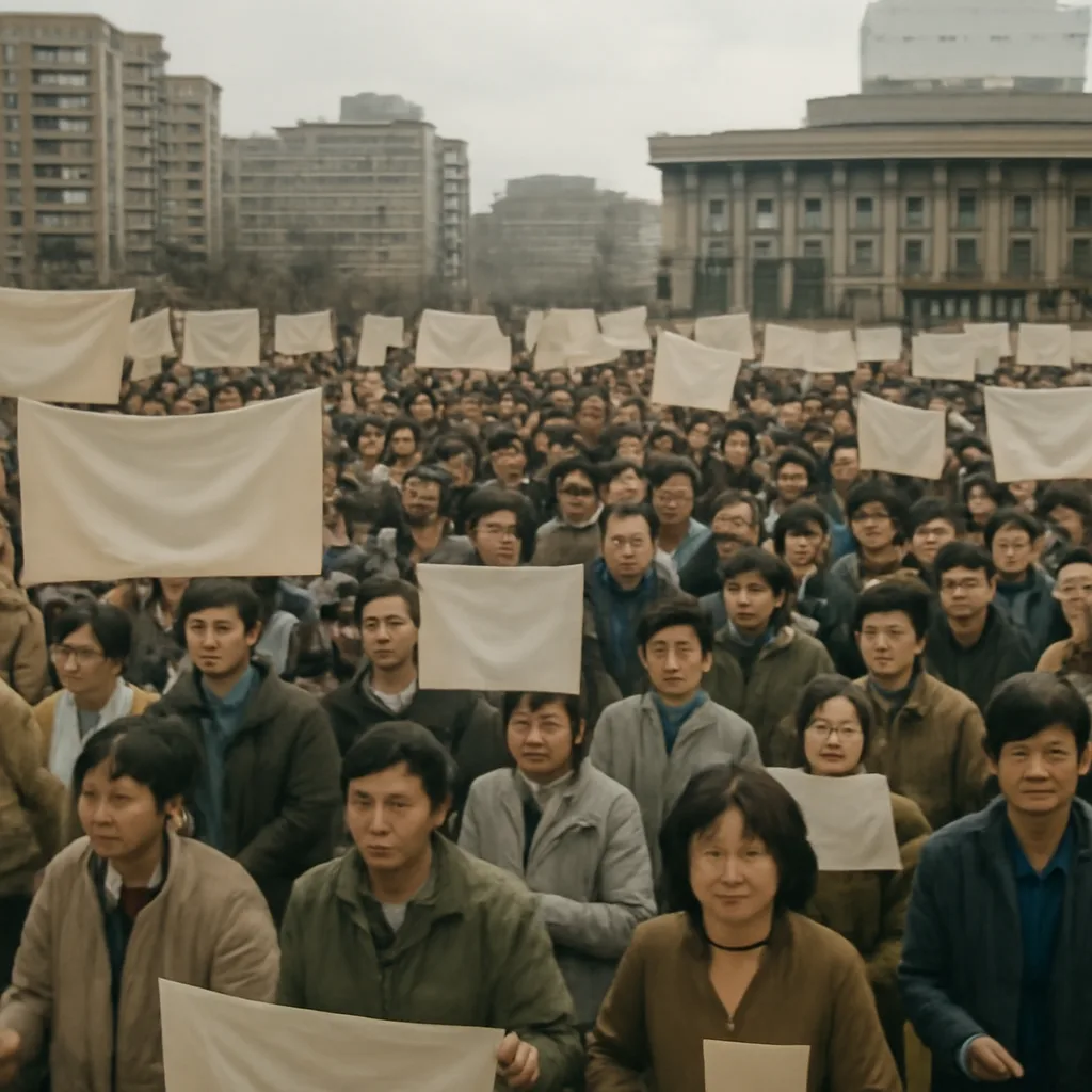 Crowd of South Korean protesters and civilians gathered in a public square during the June 1987 pro-democracy demonstrations, with banners and a cityscape background.