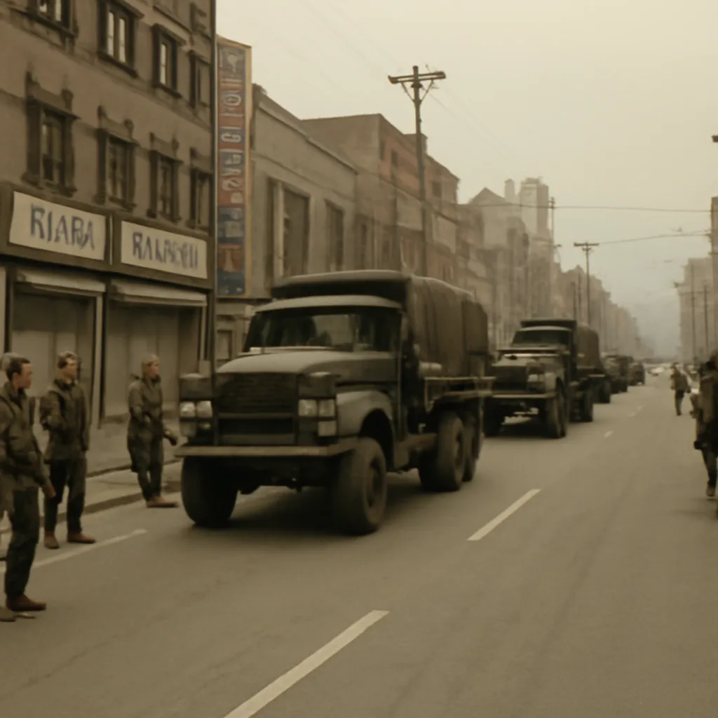 Soldiers and military vehicles deployed on broad city streets with sparse civilian presence and closed storefronts; buildings and signage consistent with late 1970s–early 1980s South Korean urban architecture.