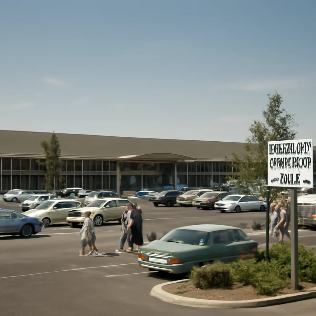 Exterior view of Southdale Center circa 1956 showing a low-rise, modernist commercial building with expansive parking lot and midcentury automobiles, under a clear sky.