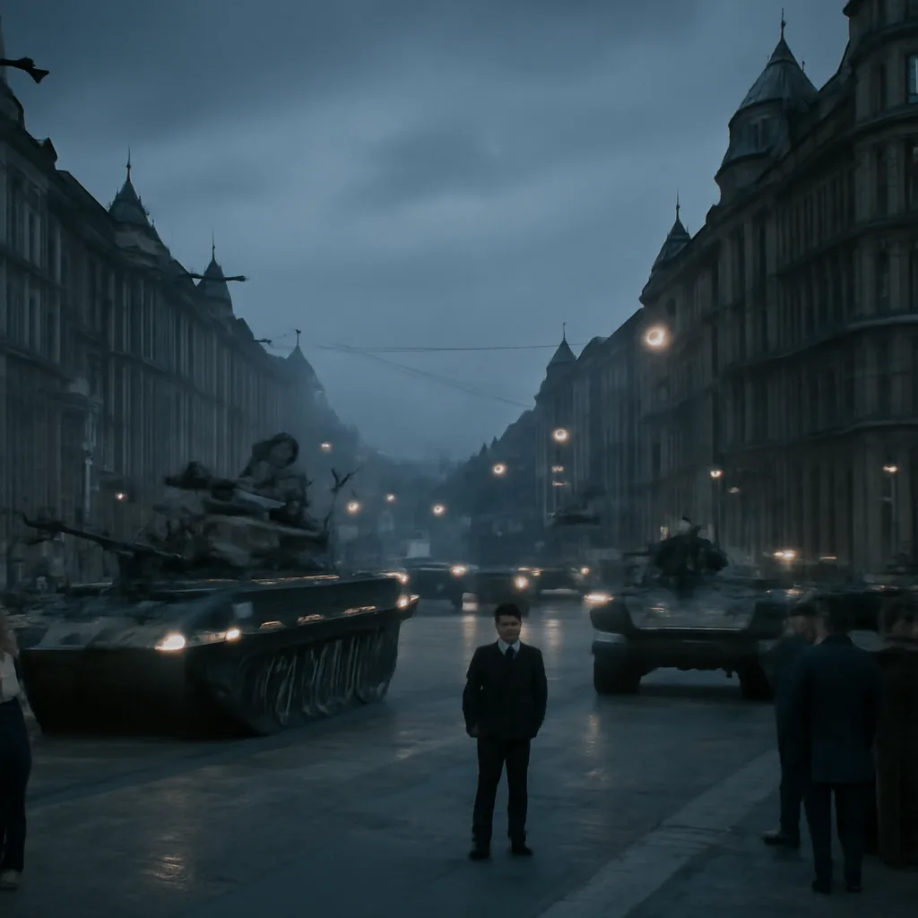Soviet tanks and Warsaw Pact armored vehicles on a wide Prague avenue at night, with civilians and barricades visible, August 1968