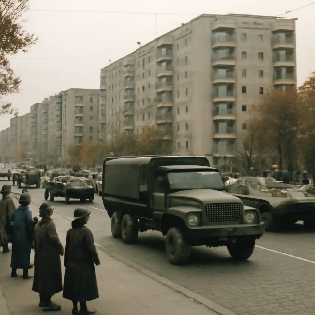 Soviet-era military vehicles and soldiers leaving an Eastern European town in 1989, with local civilians observing from the roadside.