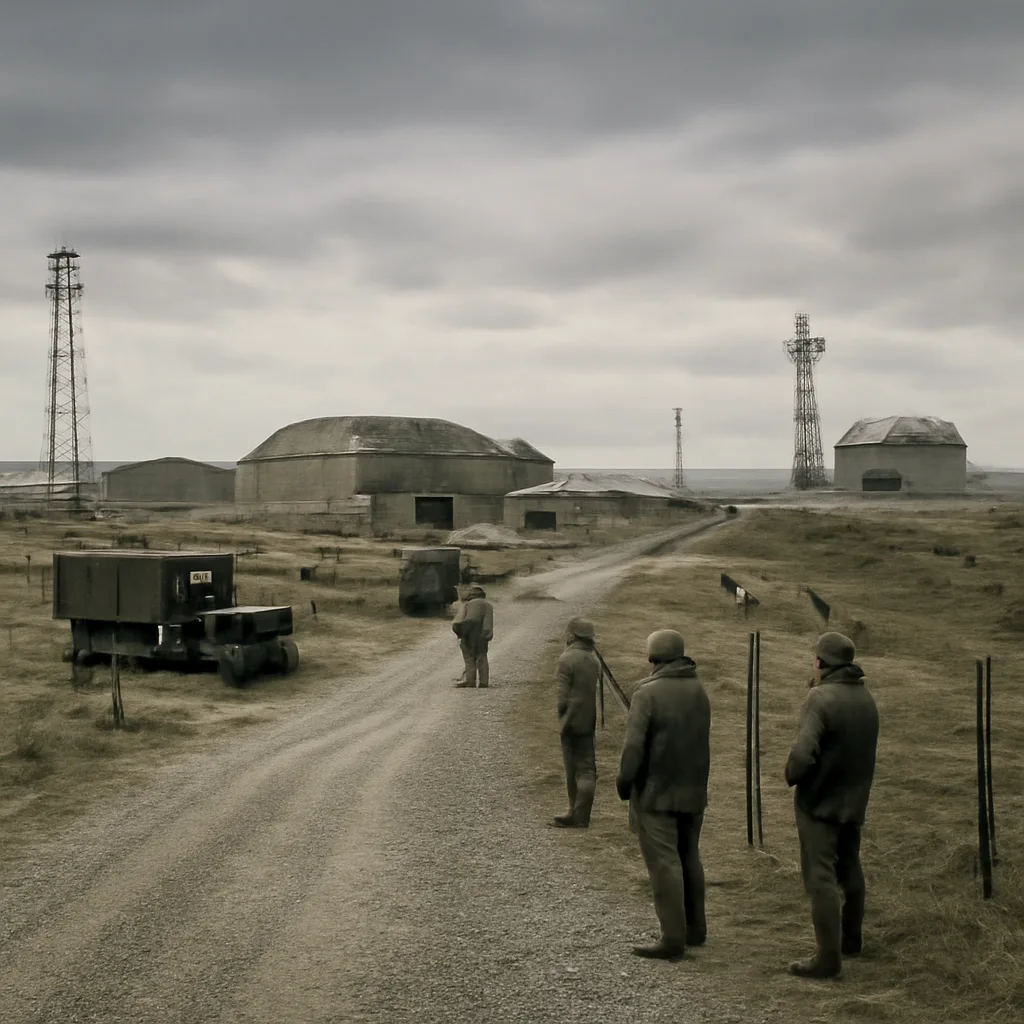 A Cold War–era scene showing a coastal military test site with service vehicles and personnel in 1960s uniforms near a fenced area, with cloudy sky and distant instrumentation towers.