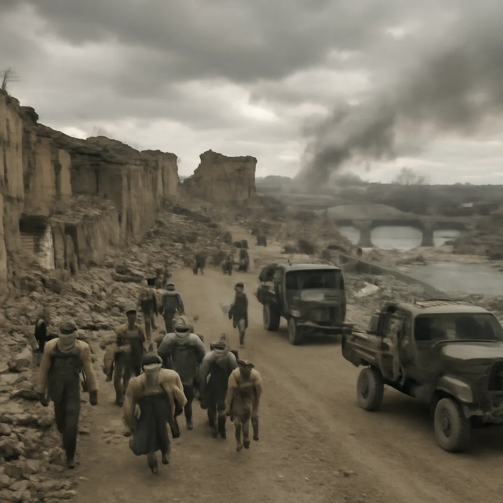 Smoke rising over a devastated town near a riverfront with ruined buildings and scattered military vehicles; civilians and soldiers move among rubble under overcast skies, late 1930s Spain.