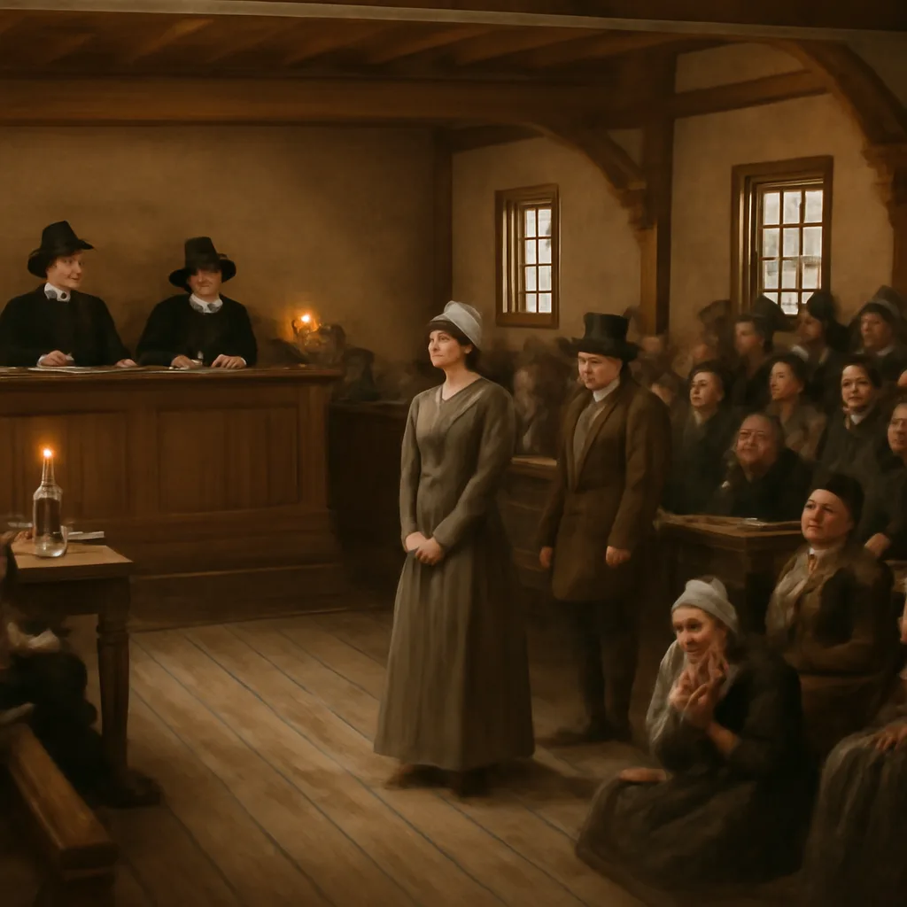 A late 17th-century New England courtroom scene: a wooden meetinghouse interior used as a court, magistrates at a long table, townspeople gathered on benches, and a woman standing accused while a few observers watch anxiously.
