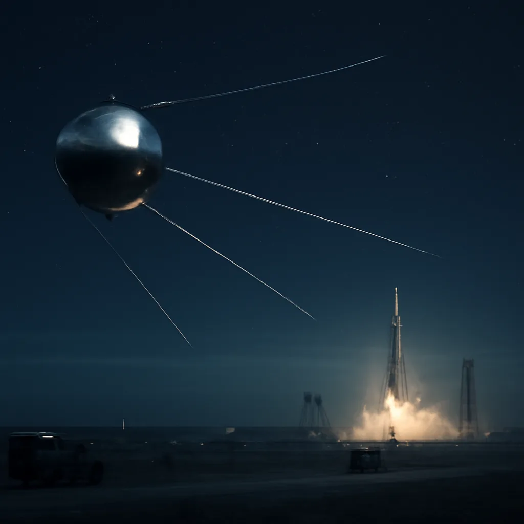 Sputnik 1 spherical satellite with four external antennas against a starry background; a launch vehicle on a distant launch pad with early Cold War-era support structures visible.