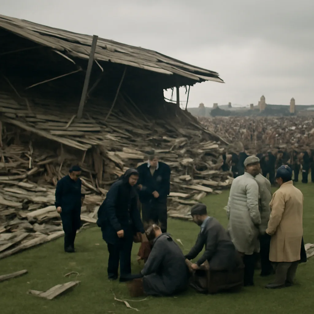 A collapsed wooden terrace stand at a mid-20th-century football ground with debris and emergency workers at the scene, crowds held back by stewards.
