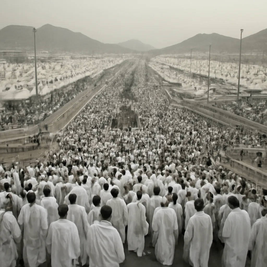 Wide view of Mina area near Mecca with large groups of pilgrims and pedestrian pathways used during the Hajj pilgrimage, showing crowding and tents in the distance.