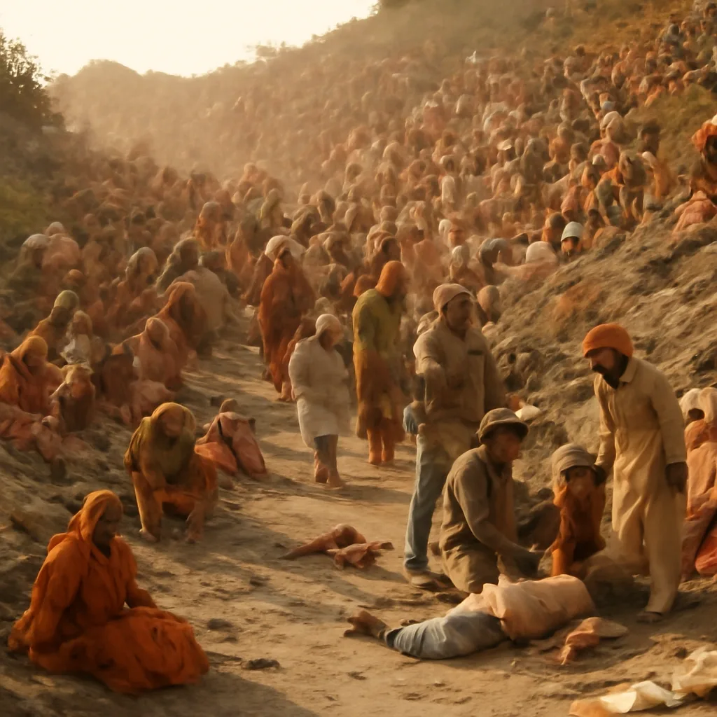 Crowded pilgrimage pathway on a hillside in Rajasthan with narrow stone steps and dense throngs of worshippers; emergency personnel and onlookers clustered where people have fallen.
