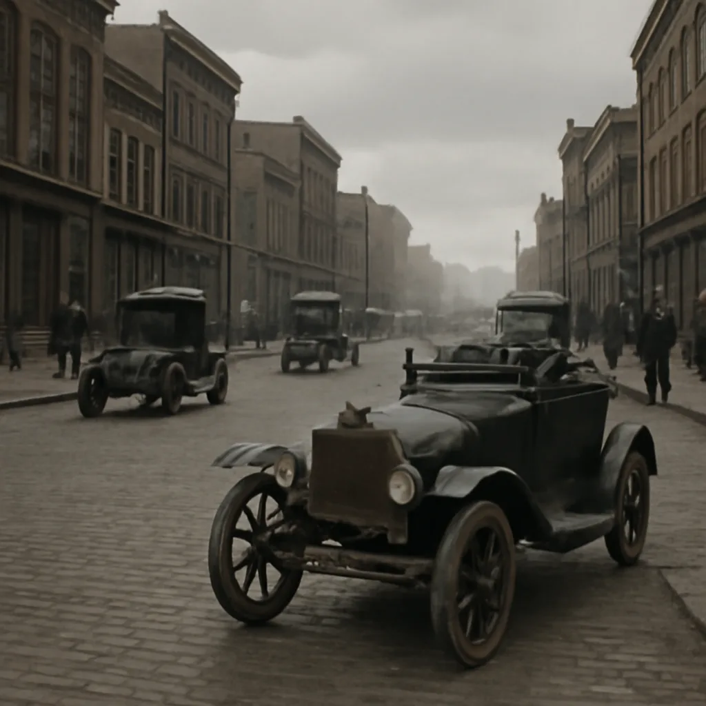 Early 1900s street scene with several horseless carriages parked and driving; a close view of a vehicle’s front showing a simple stamped metal license plate with a registration number, other people in period clothing on the sidewalk.