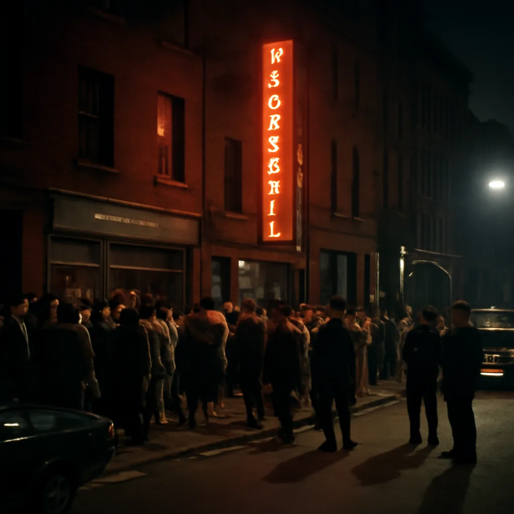 Crowded Greenwich Village street scene at night in June 1969 outside the Stonewall Inn, with groups of people gathered on the sidewalks and police in uniforms nearby; era-appropriate clothing and vehicles visible.