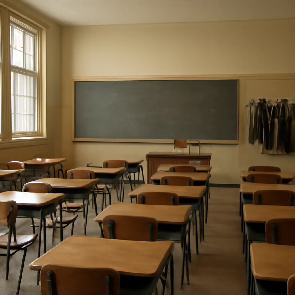 A 1960s-era public school classroom with empty desks and a chalkboard, suggesting a moment of quiet after a change in school prayer practices.