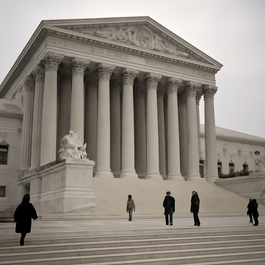 Exterior of the United States Supreme Court building in Washington, D.C., circa 1970s, showing classical columns and steps where people sometimes gathered during high-profile cases.