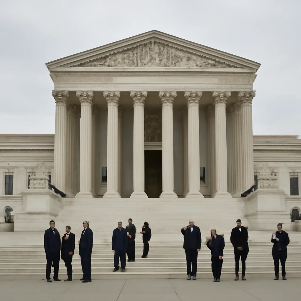 Courthouse steps with people and flags outside the United States Supreme Court building, representing legal proceedings on marriage law.