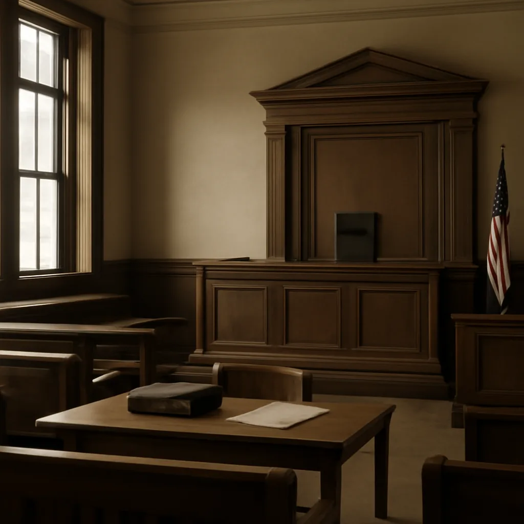 A 1960s-era courtroom scene suggested by empty benches and a raised bench; documents and a vintage U.S. flag visible, conveying a mid-20th-century legal setting without showing identifiable faces.