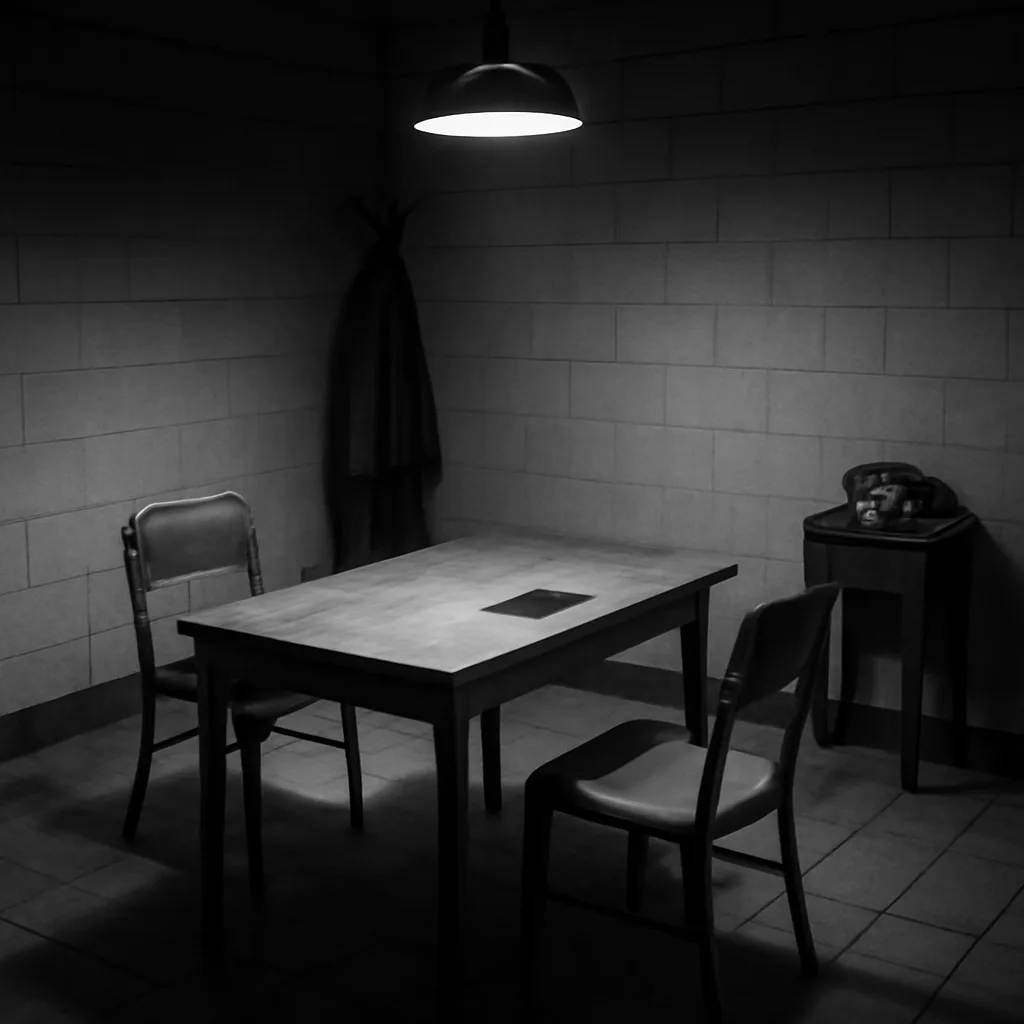Police station interrogation room from the 1960s with plain table, two chairs, overhead light, and a folded legal pad—depicting a setting for custodial questioning.