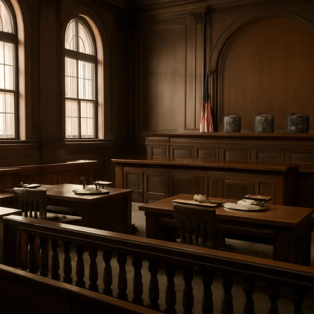 A courtroom interior of the U.S. Supreme Court building from the early 1970s, showing empty benches and an American flag, suggesting legal deliberation over reproductive rights.
