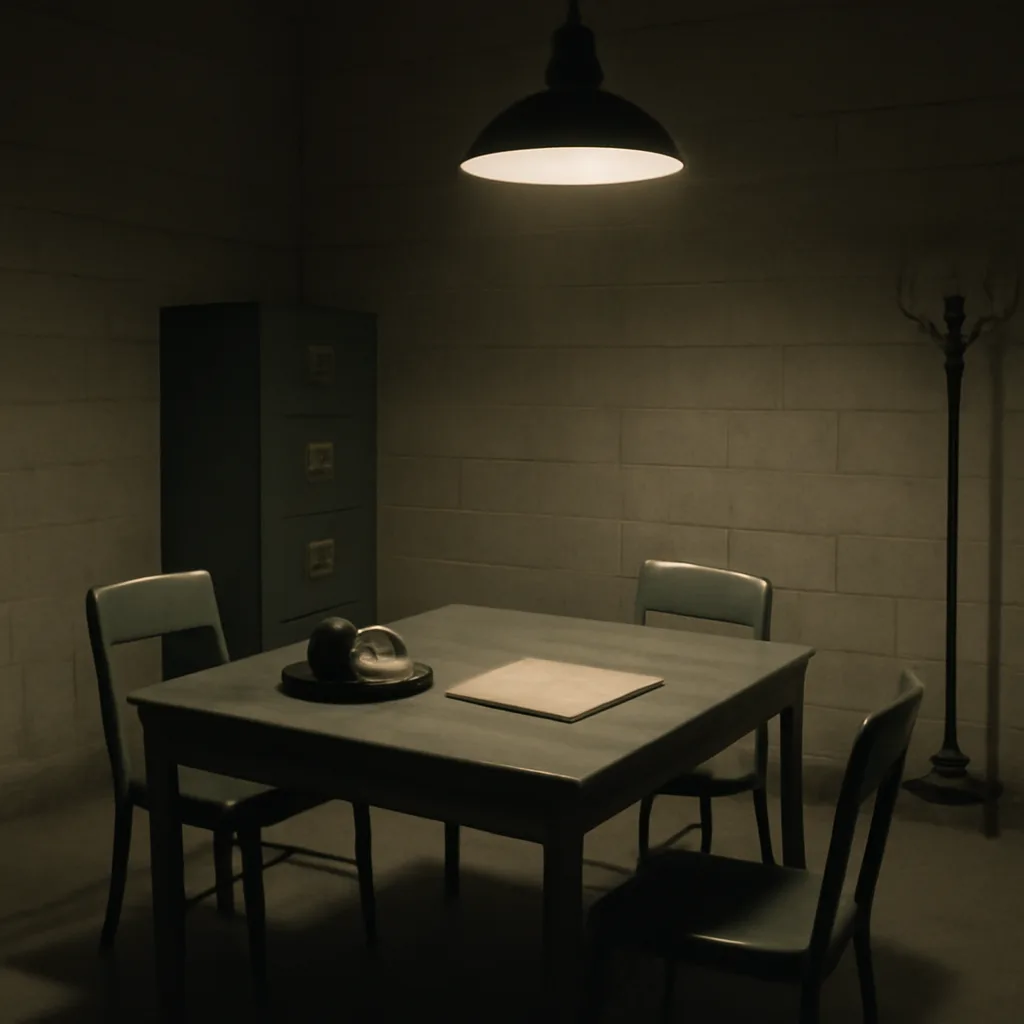 1960s-era police station interview room with table, two chairs, a single overhead light, and folders on the table; no identifiable faces.
