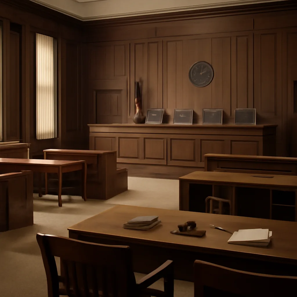 Courtroom interior of a U.S. Supreme Court–era setting showing empty benches, legal books, and a gavel on a counsel table, evoking mid-1970s judicial context.