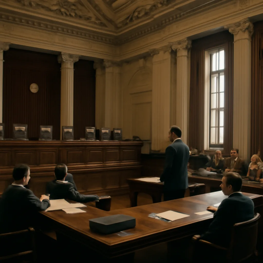 Interior of the U.S. Supreme Court building in the early 1970s, showing the courtroom aisle and high benches, with lawyers and spectators seated; period clothing and materials visible.