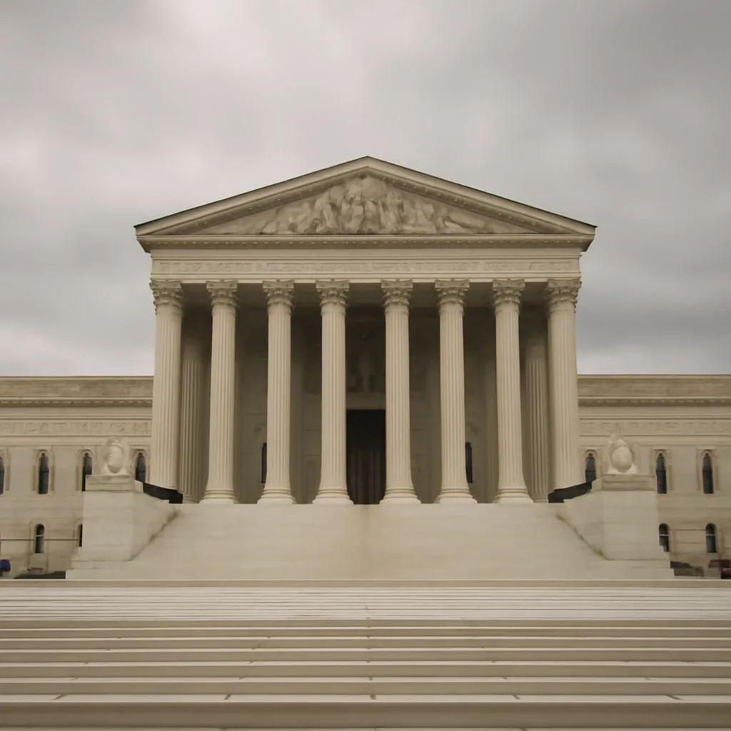 Exterior of the United States Supreme Court building in Washington, D.C., viewed from the front steps, midday light; no people visible.