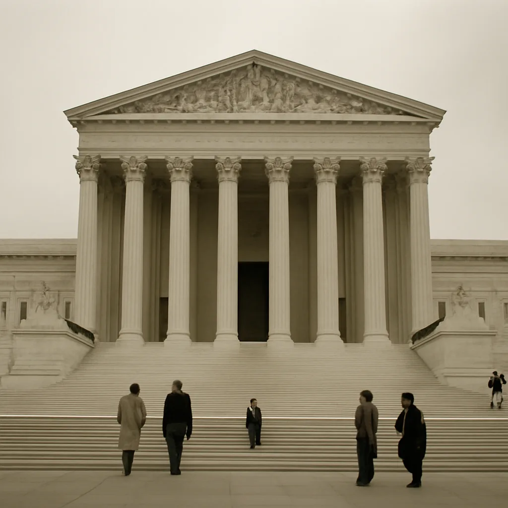Exterior of the United States Supreme Court building in the 1970s, marble steps and columns, with a small group of people on the steps; overcast sky.