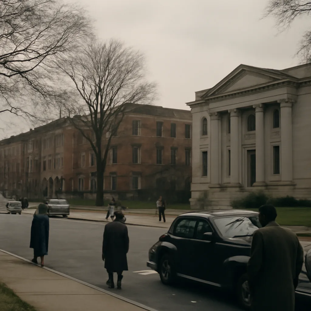 Urban neighborhood street in the 1940s with row houses and period automobiles, showing signage of a municipal building; no identifiable faces.