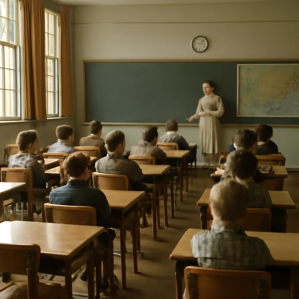 Children seated at desks in a 1960s-era public school classroom, teacher at front near a chalkboard, scene of an era-appropriate classroom without visible religious symbols.