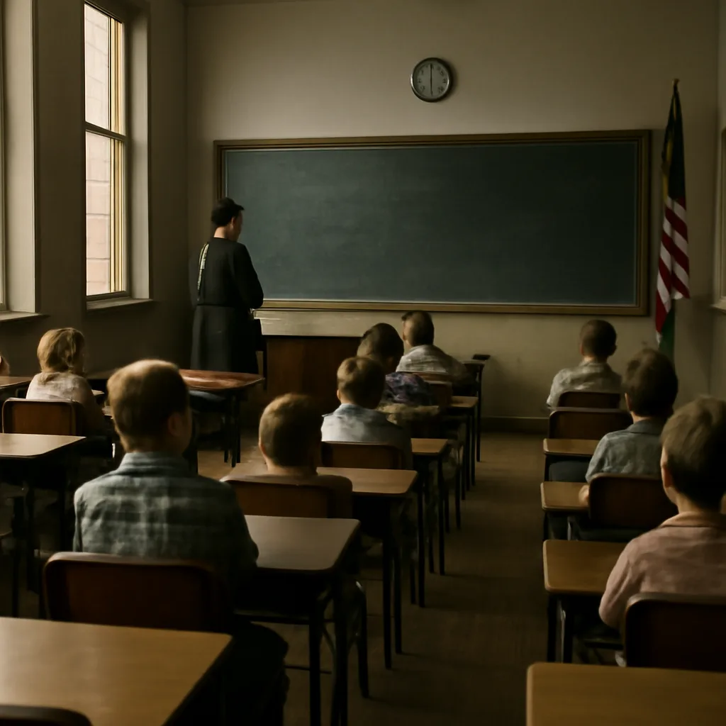 A mid-20th-century public school classroom with children seated at desks and a teacher at the front; American flag visible, no identifiable faces.