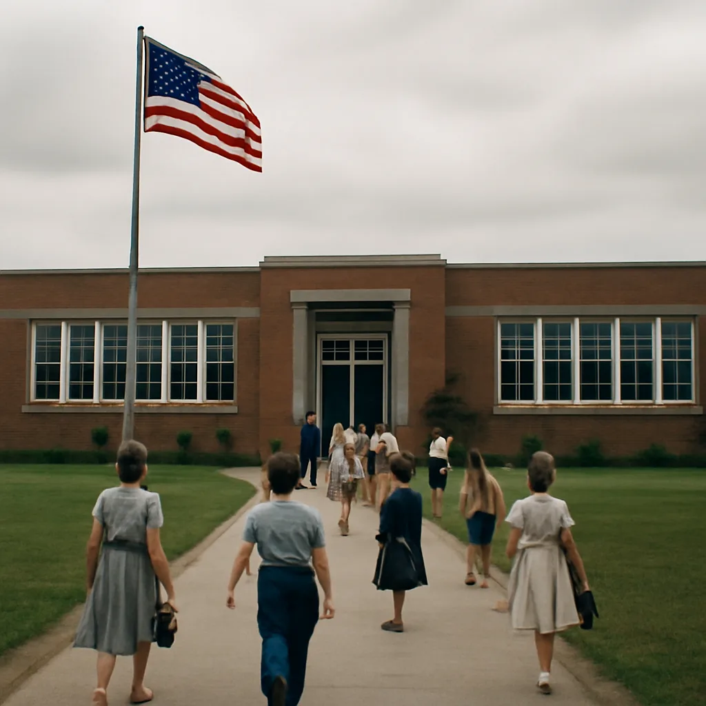 A 1950s-era public school exterior with children of different races walking toward the building; school signage and clothing reflect the mid-20th-century United States.